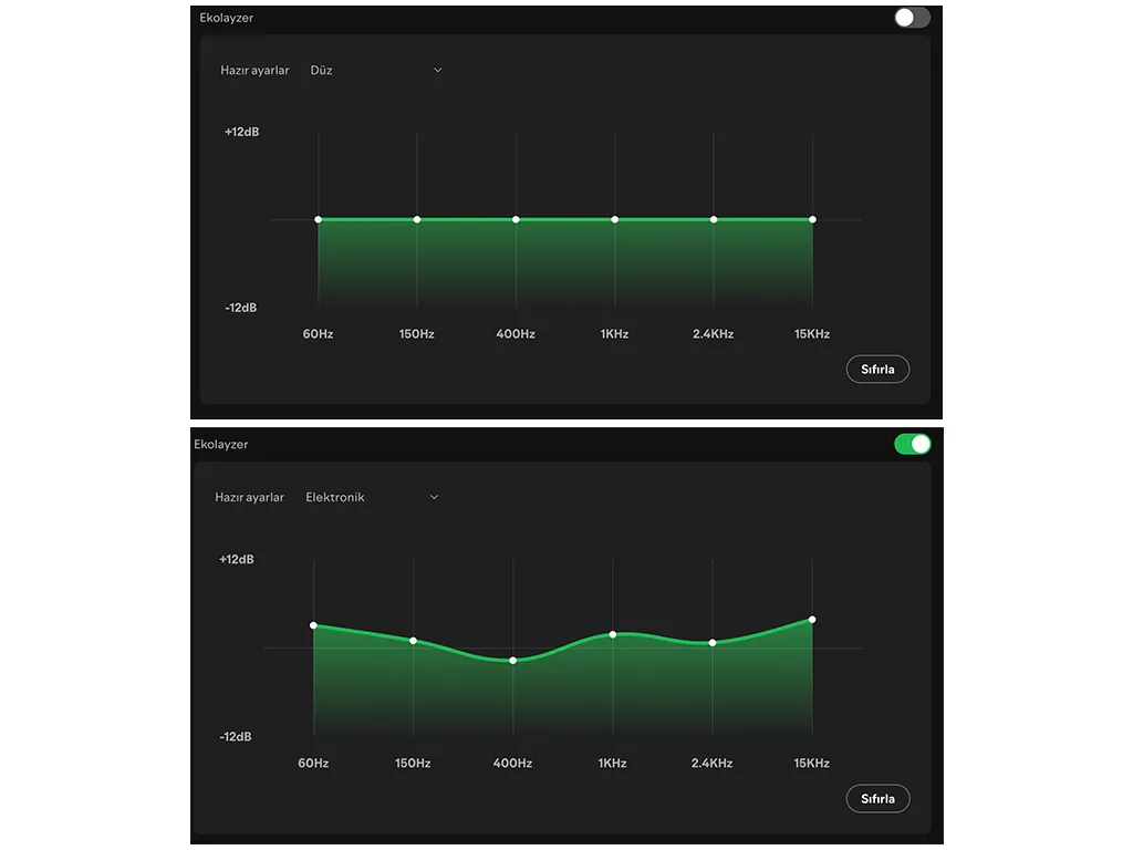 spotify masaustu ekolayzer menusu